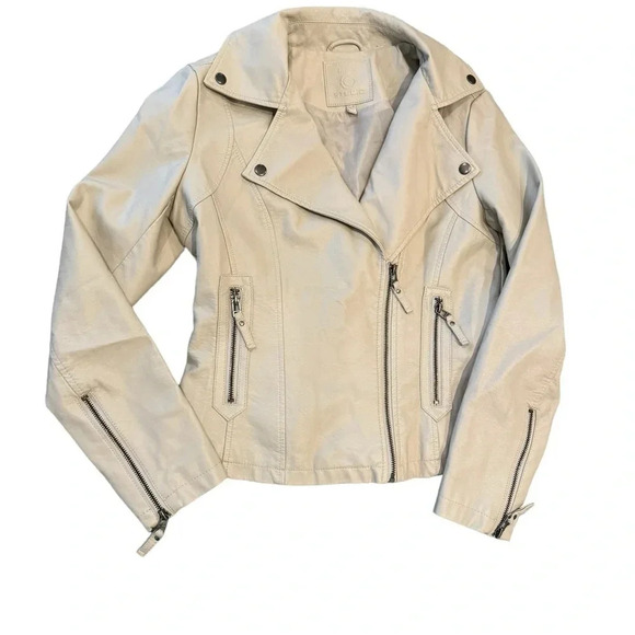 ✨ Max Studio Faux Leather Moto Jacket Cream Tan Women’s Small Zip Pockets ✨ - Picture 1 of 4